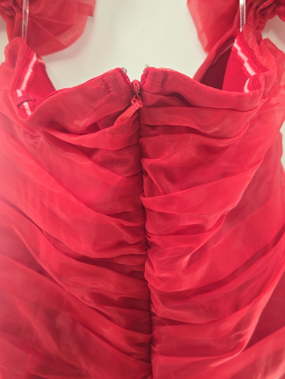 L'ATISTE Red Ruched Mini Dress with Tulle Shoulder Bows - Picture 7 of 9